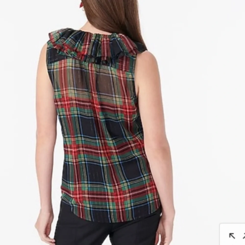 J Crew Ruffle Collar sleeveless button up sheer Stewart Plaid blouse Sz S NWT